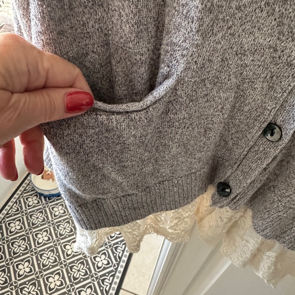 LOGO by Lori Goldstein Heather Gray Cardigan with Lace Trim - Picture 3 of 5